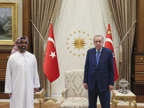 President of the Republic of Turkey, Recep Tayyip Erdogan [R] and Sheikh Tahnoun bin Zayed Al Nahyan, UAE National Security Adviser [L]