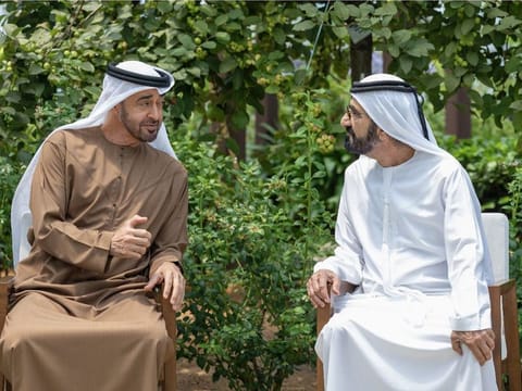 His Highness Sheikh Mohammed bin Rashid Al Maktoum, Vice President, Prime Minister and Ruler of Dubai [R] and His Highness Sheikh Mohamed bin Zayed Al Nahyan, Crown Prince of Abu Dhabi and Deputy Supreme Commander of the UAE Armed Forces [L]