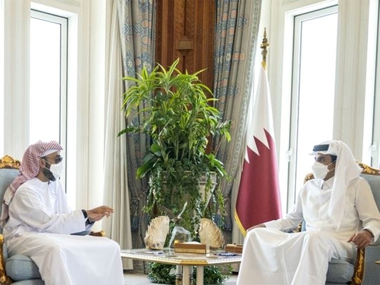 Emir of Qatar Sheikh Tamim Bin Hamad Al Thani receives an Emirati delegation