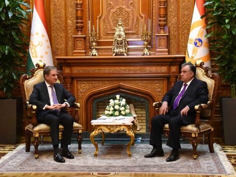 Pakistan’s foreign minister Shah Mahmood Qureshi in a meeting with President of Tajikistan Emomali Rahmon in Dushanbe on August 25, 2021. 