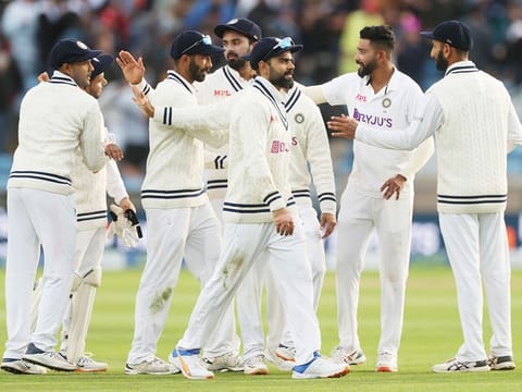 India's Virat Kohli with teammates at the end of the second day of the 3rd Test against England, at Headingley, Leeds, on August 26, 2021. 