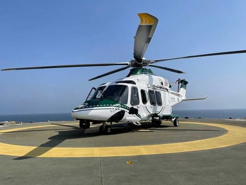 Dubai Police safely airlift worker who fell on his head at an off shore workplace.