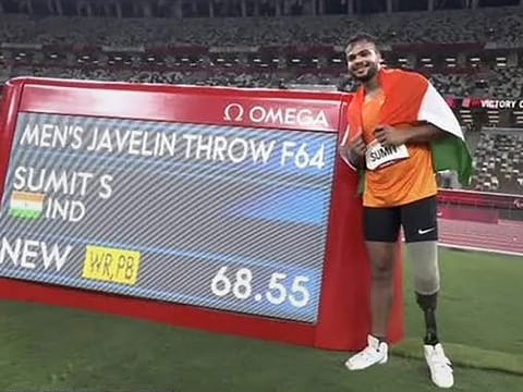 On top of the world: Sumit Antil after winning the gold in the men's javelin throw F64 with a new world record of 68.08 at Tokyo 2020 Paralympics on Monday.
