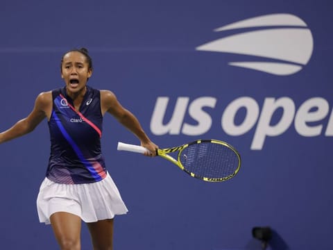 Leylah Fernandez of Canada celebrates after beating Angelique Kerber of Germany at the 2021 U.S. Open tennis tournament at USTA Billie Jean King National Tennis Center. 
