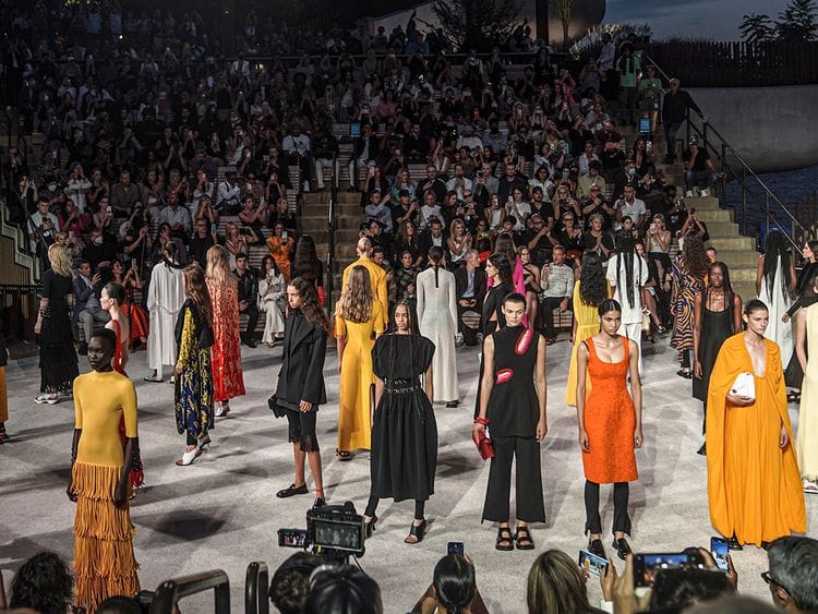 The latest fashion from Proenza Schouler is modeled during New York's Fashion Week, Wednesday Sept. 8, 2021.