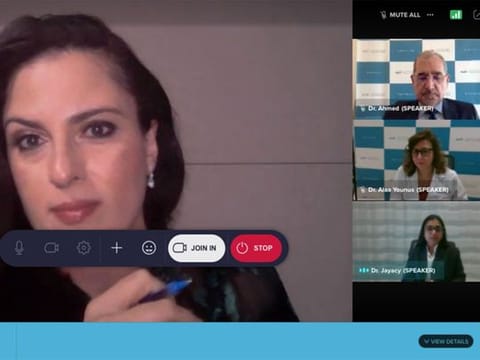 Dr Ahmed Hassoun (top right), Dr Alaa Younus Mohammed (centre right), Dr Jayacy Chandrassery Jayankar (bottom right) during the webinar, with Gulf News host Sally Mousa. 