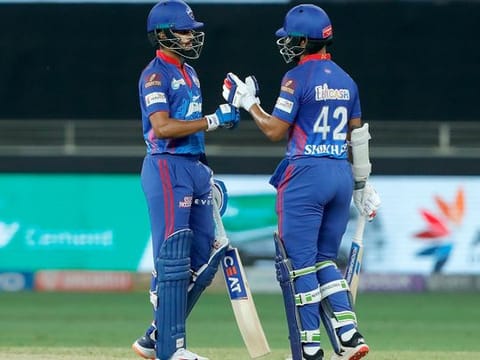 Shreyas Iyer (left) and Shikhar Dhawan put Delhi Capitals on course for an easy win over Sunrisers Hyderabad in Dubai.