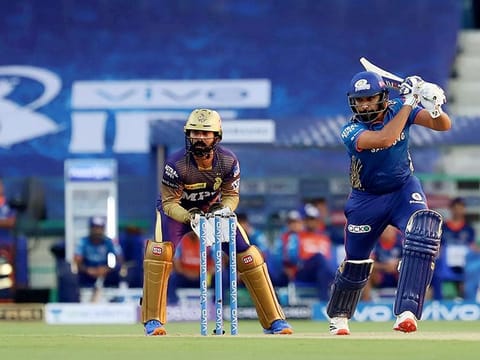Rohit Sharma of Mumbai Indians plays a shot during the IPL match against Kolkata Knight Riders at the Sheikh Zayed Stadium in Abu Dhabi. Batsmen are still trying to work out the wickets in the UAE which may explain the low scores thus far.