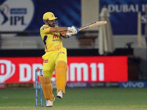 Mahendra Singh Dhoni, captain of the Chennai Super Kings, plays a pull shot during an IPL 2021 match in Dubai.