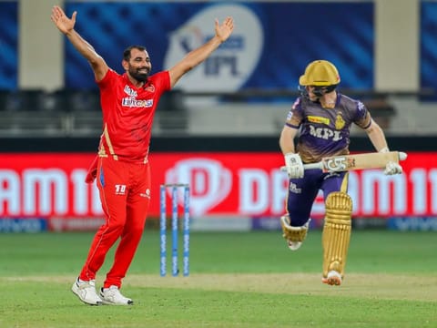 Mohammad Shami of Punjab Kings appeals for the wicket of Eoin Morgan captain of Kolkata Knight Riders during match 45 of the Indian Premier League. Morgan was out for 2 and has been struggling with the bat of late.