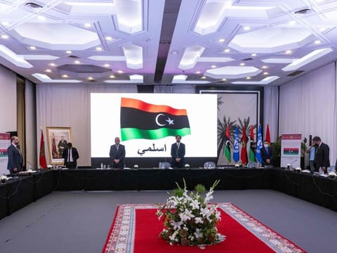 Representatives of Libya's rival administrations before the start of a round of talks in the Moroccan capital Rabat, on September 30, 2021. 