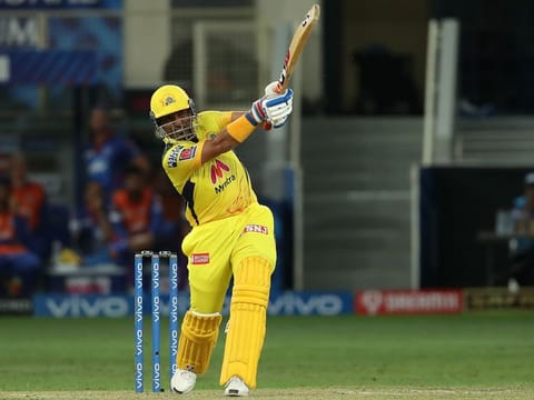 Robin Uthappa of the Chennai Super Kings strikes a six in Qualifier 1 of IPL 2021 against the Delhi Capitals at the Dubai International Stadium on October 10, 2021.