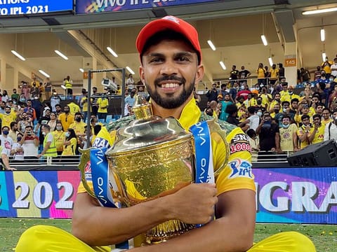 Ruturaj Gaikwad of Chennai Super Kings with the IPL trophy after the final of 14th season in the UAE on October 15.