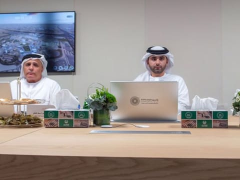 Sheikh Mansoor bin Mohammed Al Maktoum (right) chaired the 100th meeting of the crisis management committee at Expo 2020 Dubai. Also seen here is Mattar Mohammed Al Tayer, Director-General, Chairman of the Board of Executive Directors of the Roads and Transport Authority