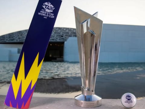 The ICC Men's T20 World Cup 2021 trophy at The Louvre Abu Dhabi ahead of the ICC Men’s T20 World Cup 2021 that begins tomorrow in UAE and Oman.
