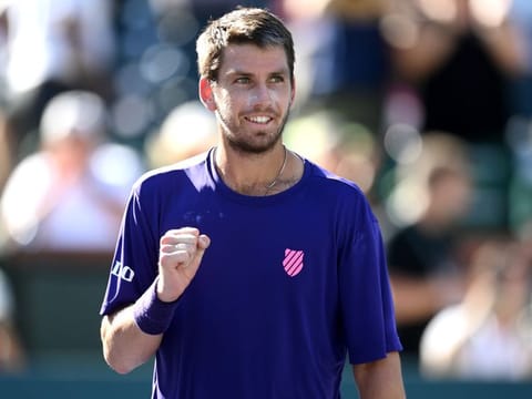 Cameron Norrie reacts after defeating Grigor Dimitrov in the semifinal match at the BNP Paribas Open at the Indian Wells Tennis Garden. He will face Nikoloz Basilashvili in the final today.