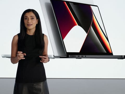 Apple’s Shruti Haldea showcases the new MacBook Pro powered by the new M1 Pro and M1 Max chips during an online event unveiling new products at Apple Park in Cupertino, California on October 18, 2021.  