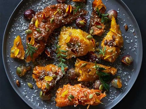 Vegan autumn recipe for pumpkins roasted in almond oil and Makrut lime leaf