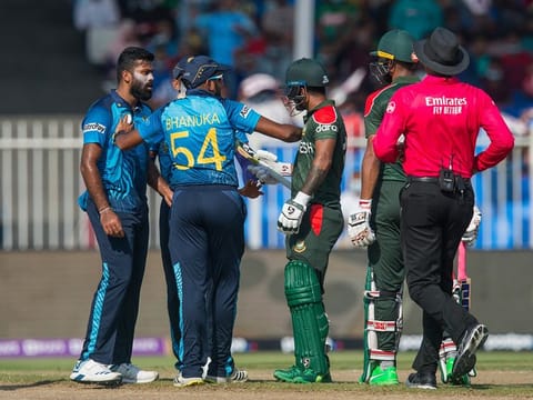 Sri Lanka bowler Lahiru Kumara and Bangladesh batter Liton Das have been fined over a standoff during their Super 12 match.