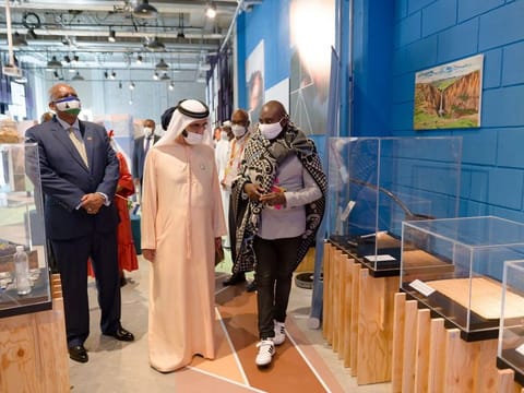 His Highness Sheikh Mohammed bin Rashid Al Maktoum with King Letsie III of Lesotho at the Lesotho Pavilion in Expo 2020 Dubai on Wednesday.