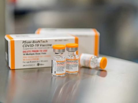 Pfizer new pediatric COVID-19 vaccine vials are seen in this undated handout photo.