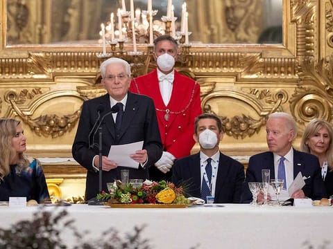 Italian President Sergio Mattarella meets G20 leaders and their spouses during a dinner at the Quirinale Palace on the sidelines of the G20 summit in Rome, Italy October 30, 2021. 