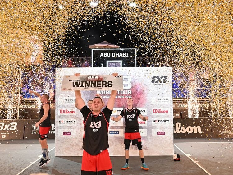 Latvia's Team Riga celebrate the Fiba 3x3 Basketball Masters title in Abu Dhabi