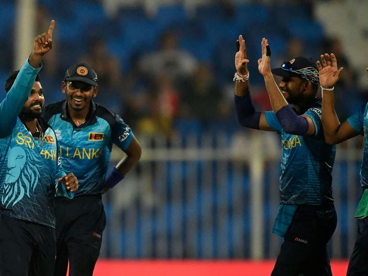 Wanindu Hasaranga celebrates after taking the wicket of Jonny Bairstow