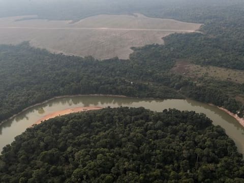 An aerial view shows a river and a deforested plot of the Amazon near Porto Velho, Rondonia State, Brazil 