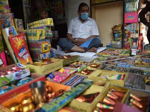 A firecracker shop in New Delhi in a file photo. Delhi police have seized four tonnes of firecrackers ahead of the major festival of Diwali 2021, as the Indian megacity braces for the annual pollution season when it regularly chokes in toxic smog. 