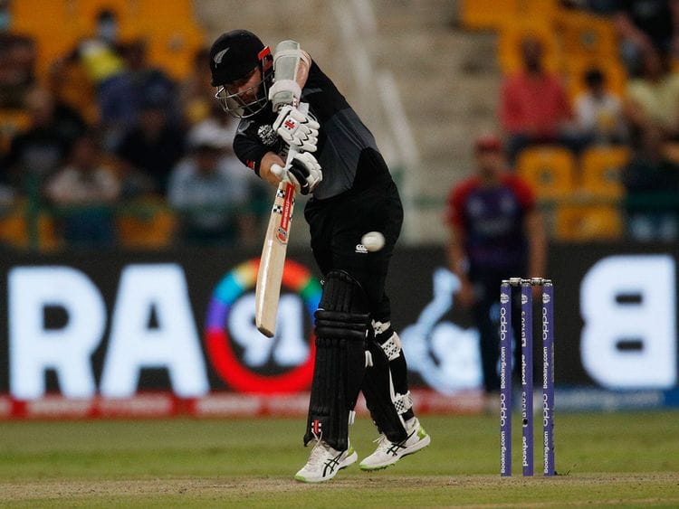 Kane Williamson of New Zealand walks on five runs against England 