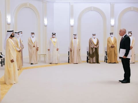 His Highness Sheikh Mohammed bin Rashid Al Maktoum receiving the credentials of Israel’s Ambassador to the UAE Amir Hayek at an event at Dubai Airshow on Monday
