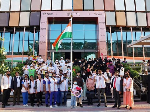 The children with Aster Volunteers during 'Smiles 4.0' programme at India Pavilion at Expo 2020 Dubai on Sunday