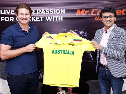 Mr Cricket UAE Anis Sajan presented Shane Watson with a team shirt as they celebrated Australia's World Cup win. 