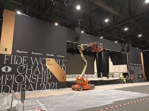 Finishing touches are being put on the stage where Game 1 between Magnus Carlsen and Ian Nepomniachtchi will be played on Friday. The opening ceremony will take place on Wednesday.