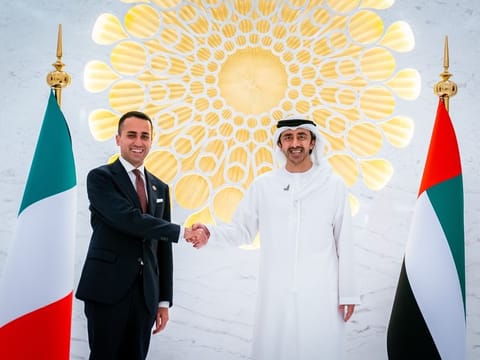 Sheikh Abdullah bin Zayed Al Nahyan with Luigi Di Maio, Italian Minister of Foreign Affairs, at Expo 2020 Dubai today.
