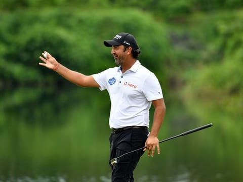 Dubai based Shiv Kapur (Ind) gestures on the 14th green of his second round of the Asian Tour's Blue Canyon Phuket Championship. 