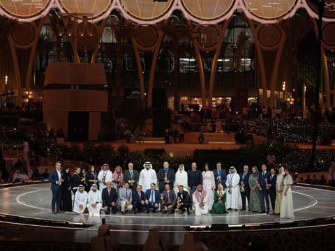Sheikh Ahmed bin Mohammed bin Rashid Al Maktoum with the Arab Journalism Award winners at Expo 2020 Dubai on Sunday