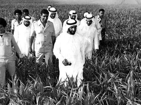 Founding Father of the UAE Shaikh Zayed Bin Sultan Al Nahyan inspecting  an agriculture project in the Western Region in the 1970s