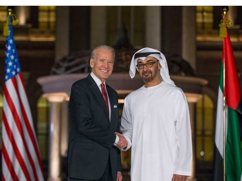 In this 2016 photo  His Highness  Shaikh Mohammad  Bin Zayed Al Nahyan, Crown Prince of Abu Dhabi and Deputy Supreme Commander of the UAE Armed Forces, welcomes Joe Biden, then Vice President and current President of the US to a dinner meeting at Emirates Palace