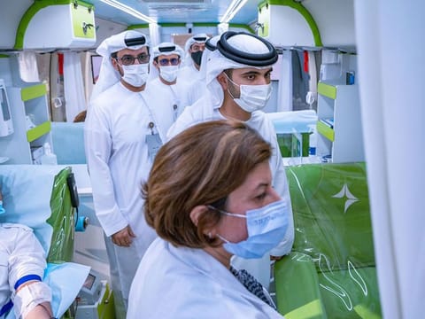 Sheikh Mansoor bin Mohammed bin Rashid Al Maktoum aboard a mobile blood collection unit in Dubai recently 
