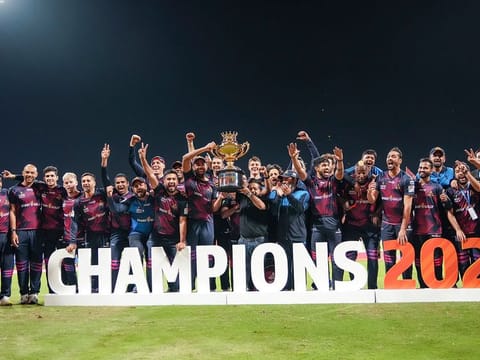 The Gladiators: Wahab Riaz, captain of Deccan Gladiators (holding the winners' trophy) in jubilation with his teammates after winning their first Abu Dhabi T10 title on December 4.