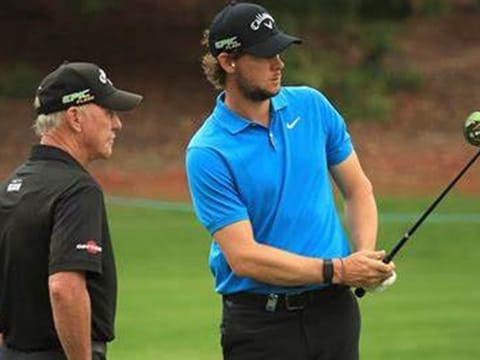 Peter Cowen, guru of golf coaching, with Belgian Thomas Pieters - one of his wards. 