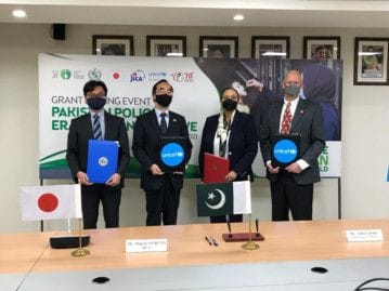Ambassador of Japan Wada Mitsuhiro,   National Coordinator of the Pakistan Polio Eradication Programme, Dr Shahzad Baig, Unicef Representative in Pakistan Aida Girma on the occasion of the signing ceremony for handing of Japan's aid to be utilized against poliovirus in Pakistan.