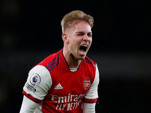 Arsenal's Emile Smith Rowe celebrates scoring their second goal.
