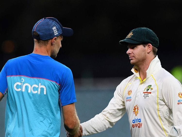 Australia's captain Steve Smith shakes hands with England's Joe Root 