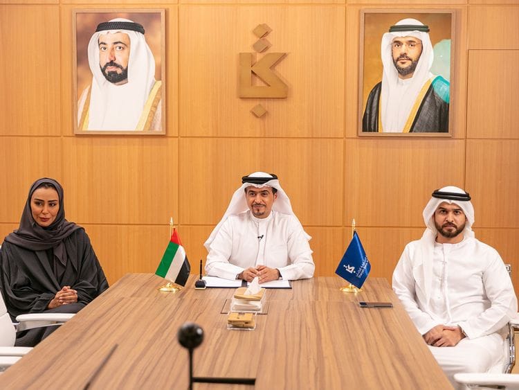 Ahmed-bin-Rakkad-Al-Ameri,-Chairman-of-SBA,-accompanied-by-Khoula-Al-Mujaini,-Director-of-Fairs-and-Festivals,-SBA;-and-Mansour-Al-Hassani,-Head-of-Sales,-SBA,-during-the-virtual-meeting-with-Rimini-Meeting-1640105614269