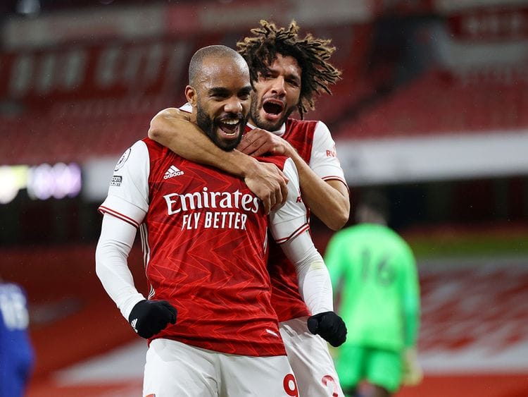 Arsenal's Alexandre Lacazette celebrates scoring their first goal against Chelsea