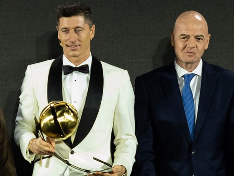 Robert Lewandowski and Fifa boss Gianni Infantino in Dubai