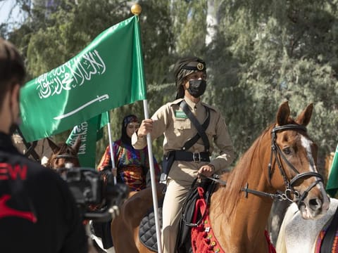 A parade in progress to mark Saudi Arabia National Day at Expo 2020 Dubai on Thursday. 